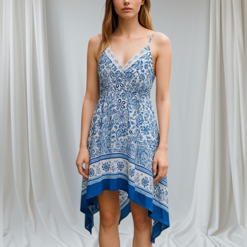 Blue and white Summer asymmetrical dress size Small, NWOT